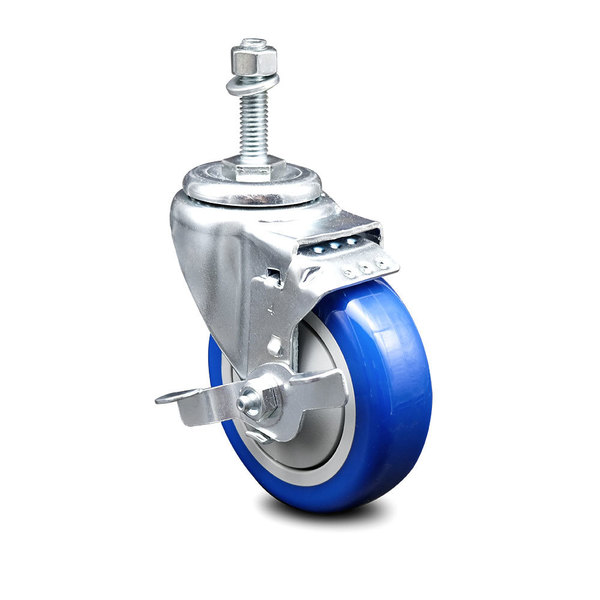 Service Caster 4 Inch Blue Polyurethane Wheel Swivel 10mm Threaded Stem Caster with Brake SCC-TS20S414-PPUB-BLUE-TLB-M1015